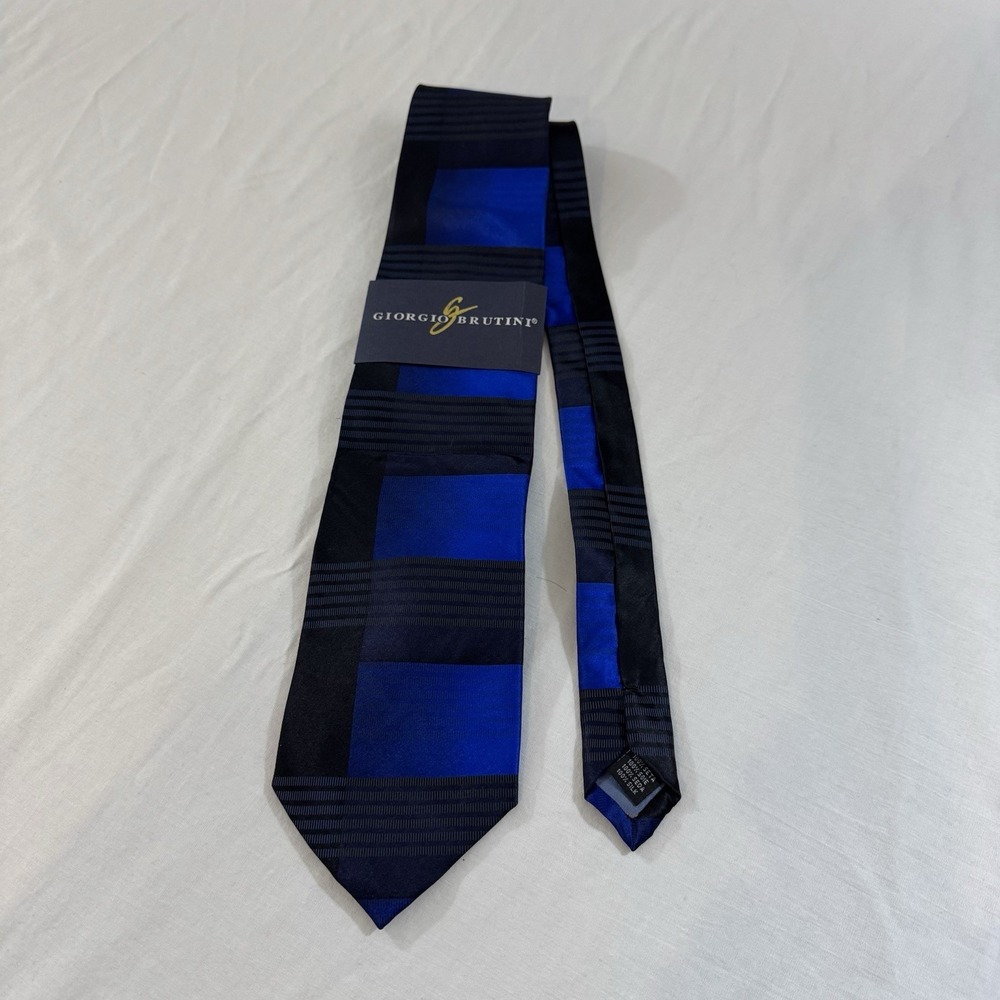 Giorgio‎ Brutini Mens Silk Necktie Blue Black Colorblock Striped Geometric Tie